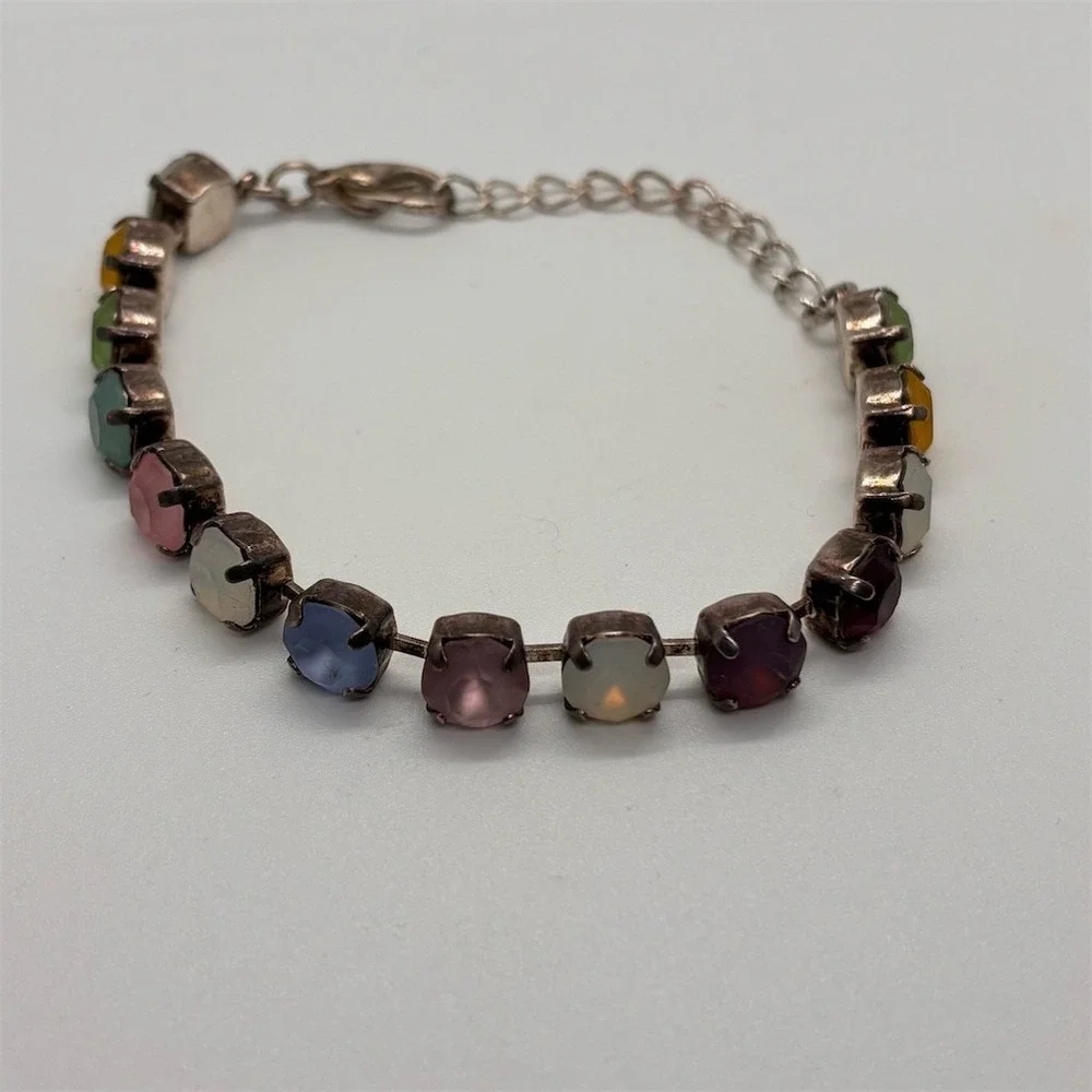 Multicolor Pastel Rhinestone Tennis Link Bracelet Silver‎ Tone 6.5 +